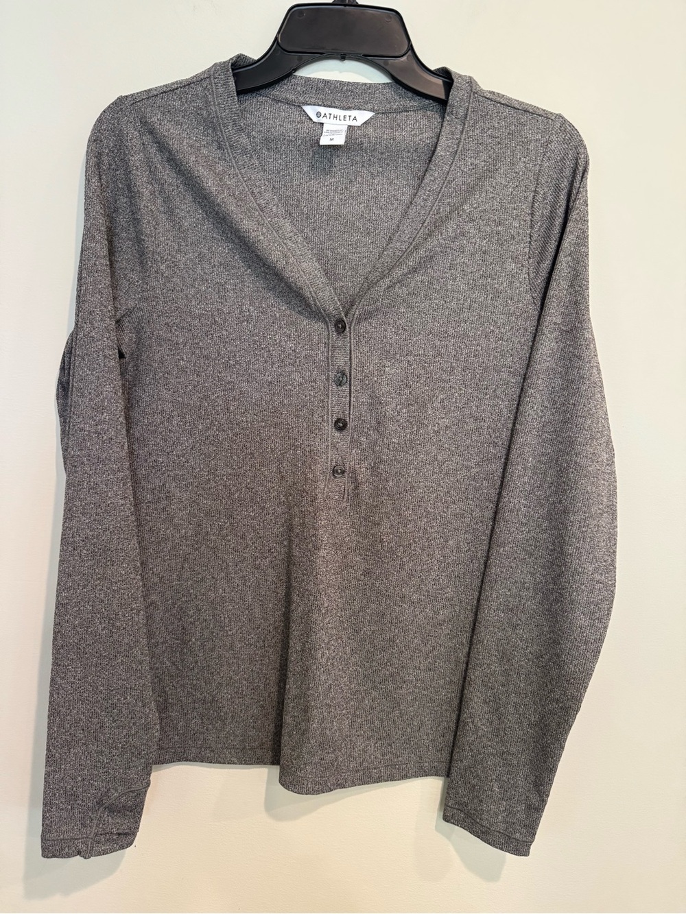 Athleta Uptempo Heathered Gray Ribbed V-Neck Henley Top Thumbhole Activewear Med